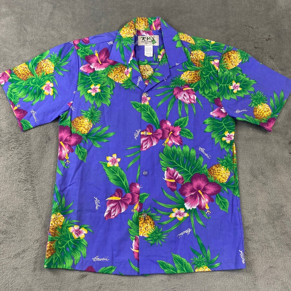 KYS‎ Hawaiian Shirt Mens S Purple Tropical Pineapple Hibiscus Resort Vacation